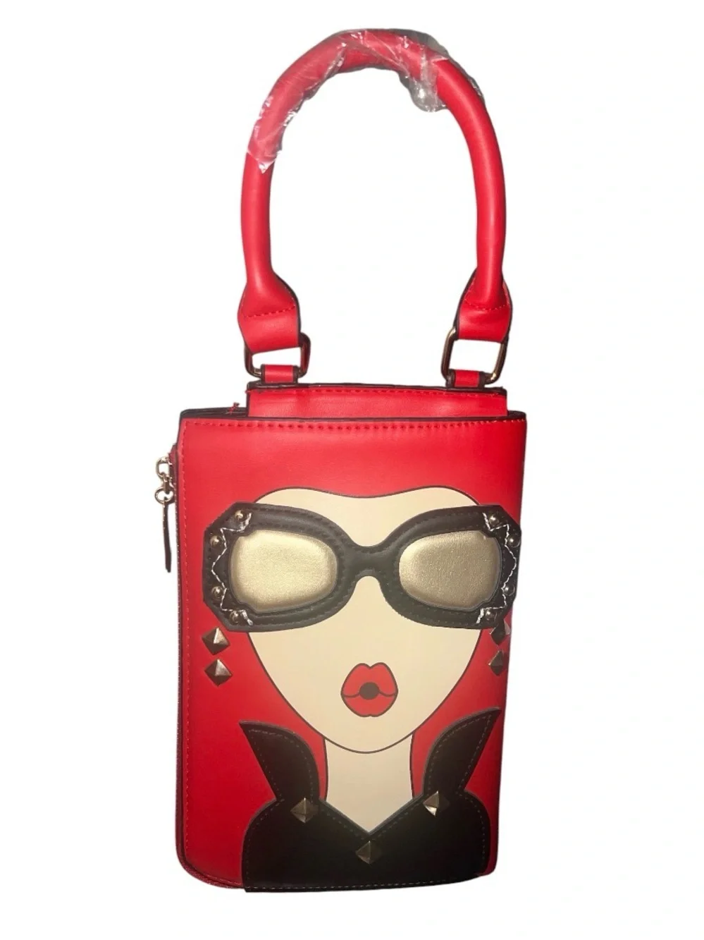 Novelty 3D Lady Face Graphic Top Handle Crossbody Bag Red Perfect Condition